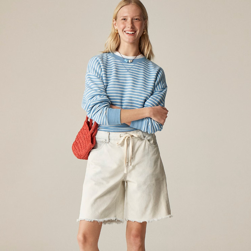 J.Crew Relaxed Knee Length Denim Short Tie Drawstring Bleach Wash 35 NWT